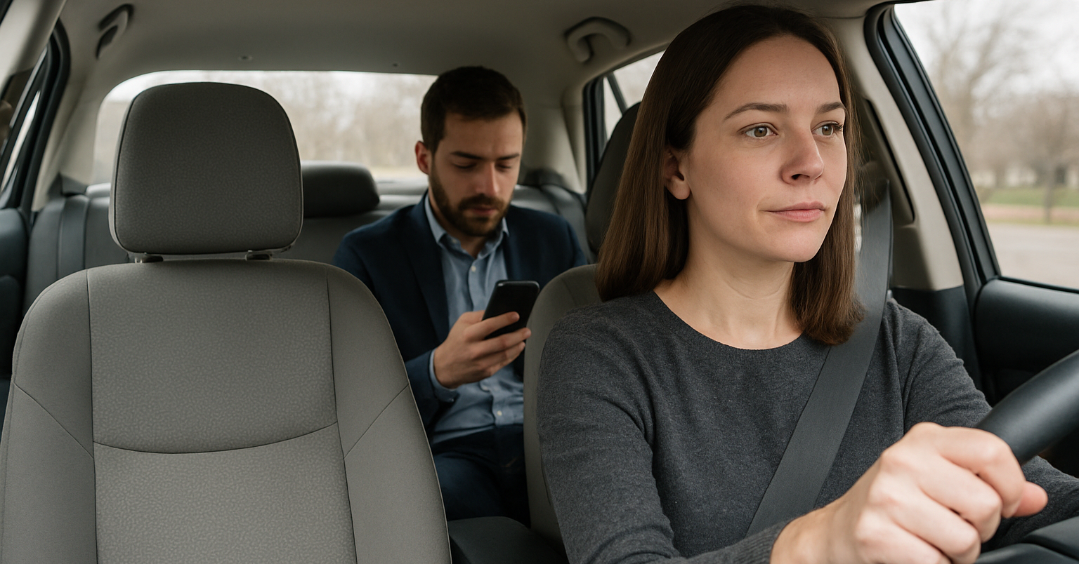 A man uses his phone in the back of a car while the rideshare driver looks forward at the road.