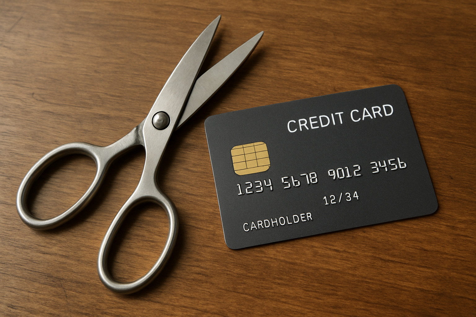 a pair of scissors and a credit card lay on a wood table